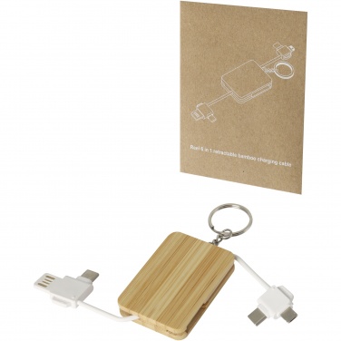 Logo trade advertising products image of: Reel 6-in-1 retractable bamboo key ring charging cable