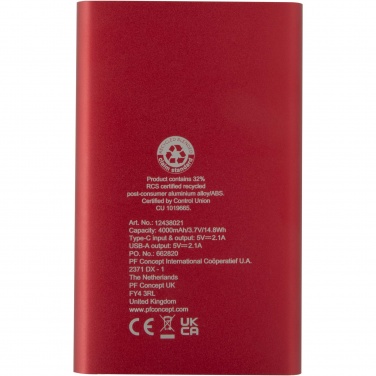Logo trade promotional giveaways picture of: Pep 4000 mAh Type-C recycled aluminium power bank 
