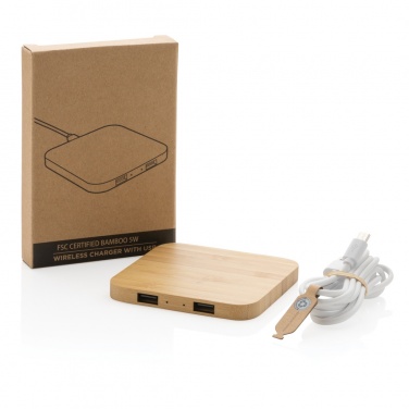 Logo trade business gifts image of: Bamboo 5W wireless charger with USB