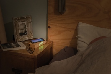 Logo trade promotional products image of: Bamboo alarm clock with 5W wireless charger