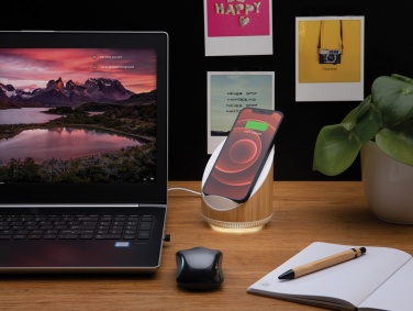 Logo trade corporate gifts image of: Ovate bamboo 5W speaker with 15W wireless charger