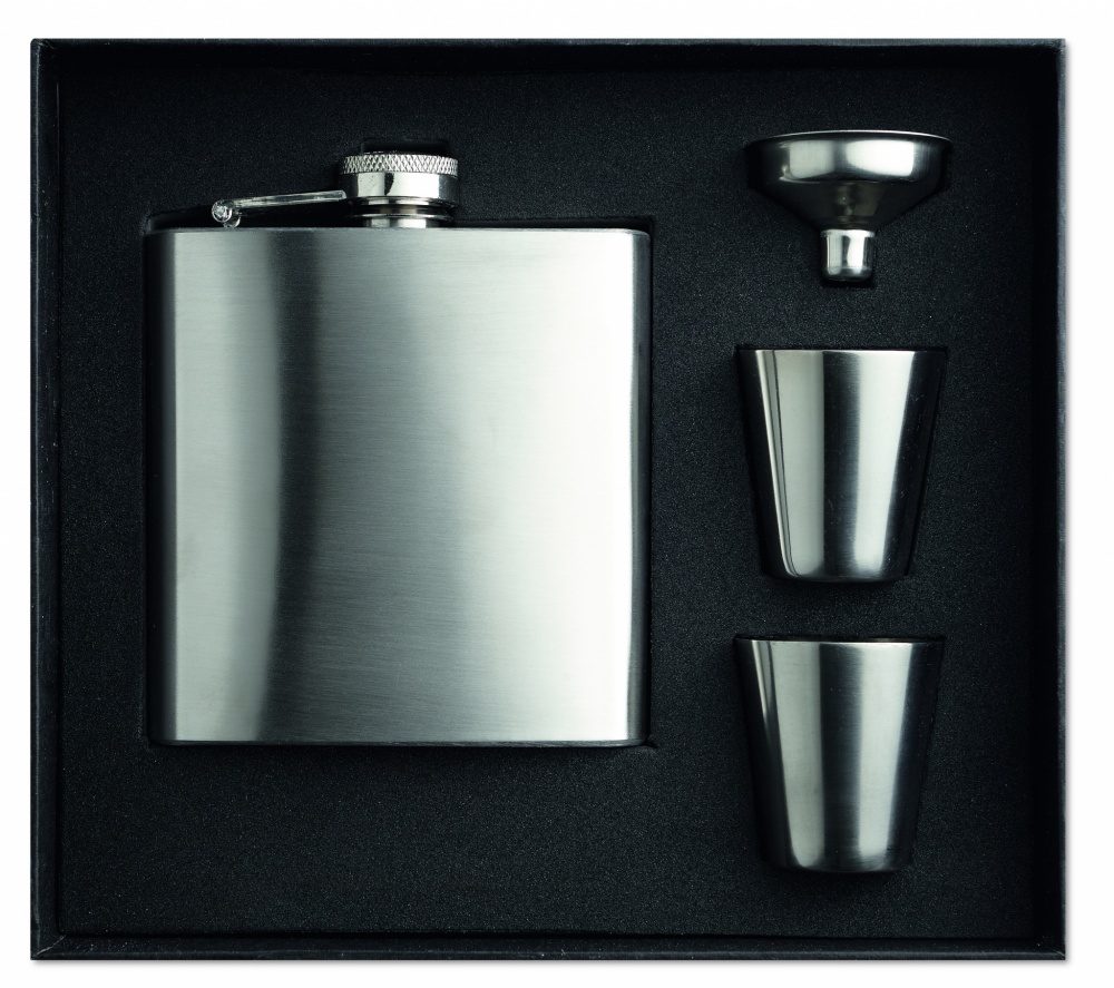 Logo trade promotional giveaways image of: Slim hip flask w 2 cups set
