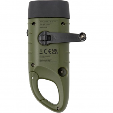 Logo trade mainoslahja kuva: Helios kierrätetystä muovista valmistettu aurinkodynamotaskulamppu karbiinihaalla