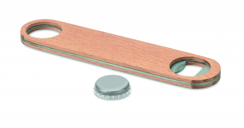 Logo trade liikelahja mainoslahja tuotekuva: Pullonavaaja puupinnalla